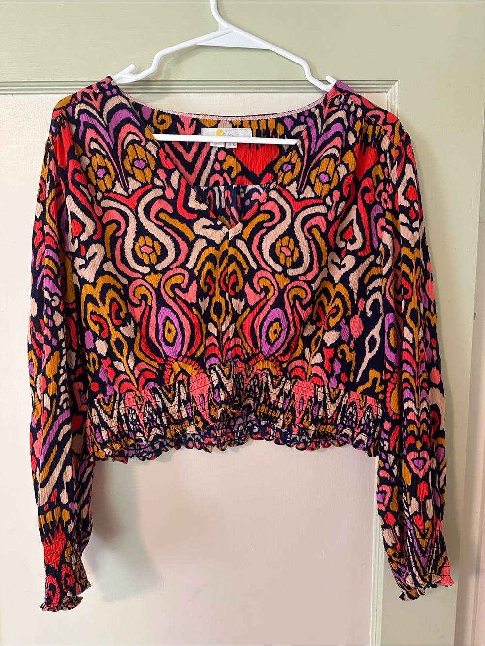 Boden Pink Red Yellow Patterned Smocked Crop Top